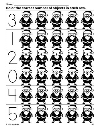 Free printable Santa Christmas count and color worksheet for preschoolers, Christmas coloring page and counting worksheet numbers 0-5, PDF