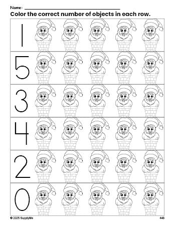 Free printable Santa Christmas count and color worksheet for preschoolers, Christmas coloring page and counting worksheet numbers 0-5, PDF