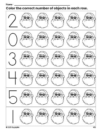 Free printable Santa Christmas count and color worksheet for preschoolers, Christmas coloring page and counting worksheet numbers 0-5, PDF