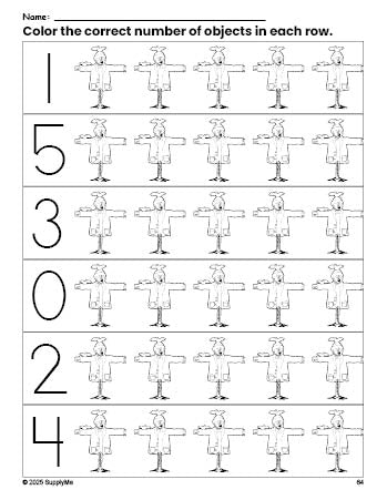 Free printable scarecrow fall count and color worksheet for preschoolers, fall coloring page and counting worksheet numbers 0-5, PDF