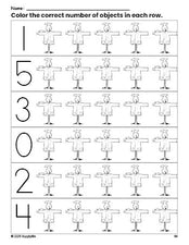 Free printable scarecrow fall count and color worksheet for preschoolers, fall coloring page and counting worksheet numbers 0-5, PDF