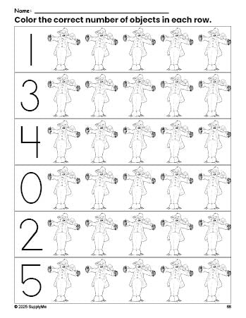 Free printable scarecrow fall count and color worksheet for preschoolers, fall coloring page and counting worksheet numbers 0-5, PDF