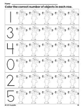 Free printable scarecrow fall count and color worksheet for preschoolers, fall coloring page and counting worksheet numbers 0-5, PDF