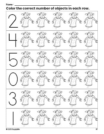 Free printable scarecrow fall count and color worksheet for preschoolers, fall coloring page and counting worksheet numbers 0-5, PDF