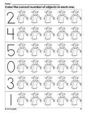 Free printable scarecrow fall count and color worksheet for preschoolers, fall coloring page and counting worksheet numbers 0-5, PDF