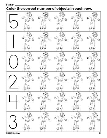 Free printable scarecrow fall count and color worksheet for preschoolers, fall coloring page and counting worksheet numbers 0-5, PDF