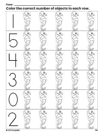 Free printable seahorse count and color worksheet for preschoolers, seahorse coloring page and counting worksheet numbers 0-5, PDF