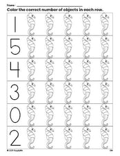 Free printable seahorse count and color worksheet for preschoolers, seahorse coloring page and counting worksheet numbers 0-5, PDF