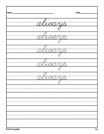 Free second grade sight word cursive tracing worksheet, high frequency word 'always', third 100 fry sight words, Dolch, PDF