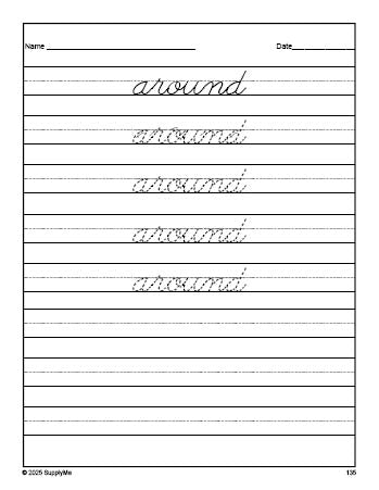 Free second grade sight word cursive tracing worksheet, high frequency word 'around', second 100 fry sight words, Dolch, PDF