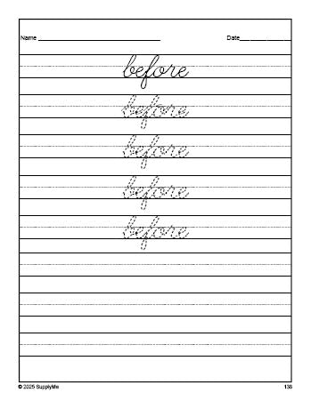 Free second grade sight word cursive tracing worksheet, high frequency word 'before', second 100 fry sight words, Dolch, PDF