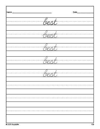 Free second grade sight word cursive tracing worksheet, high frequency word 'best', fourth 100 fry sight words, Dolch, PDF