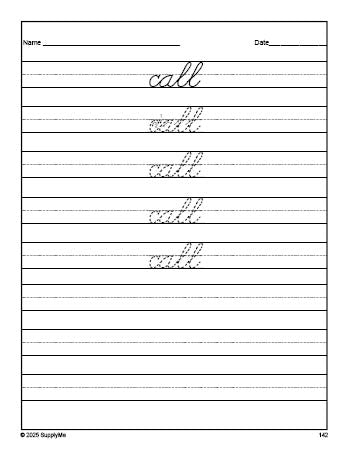 Free second grade sight word cursive tracing worksheet, high frequency word 'call', Dolch, PDF