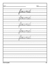 Free second grade sight word cursive tracing worksheet, high frequency word 'found', second 100 fry sight words, Dolch, PDF