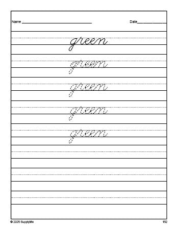 Free second grade sight word cursive tracing worksheet, high frequency word 'green', fifth 100 fry sight words, Dolch, PDF