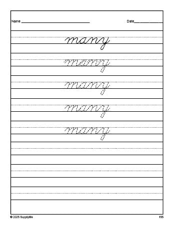 Free second grade sight word cursive tracing worksheet, high frequency word 'many', first 100 fry sight words, Dolch, PDF