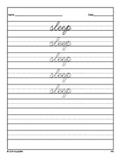 Free second grade sight word cursive tracing worksheet, high frequency word 'sleep', seventh 100 fry sight words, Dolch, PDF