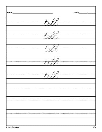 Free second grade sight word cursive tracing worksheet, high frequency word 'tell', second 100 fry sight words, Dolch, PDF