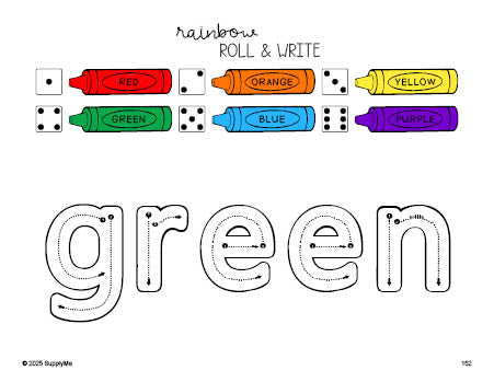 Free second grade worksheet, rainbow roll and write sight word tracing worksheet, beginner sight word for 2nd graders and high frequency word 'green', fifth 100 fry sight words, Dolch, PDF