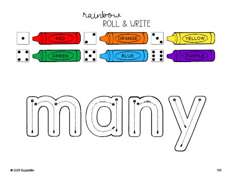 Free second grade worksheet, rainbow roll and write sight word tracing worksheet, beginner sight word for 2nd graders and high frequency word 'many', first 100 fry sight words, Dolch, PDF