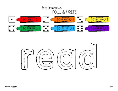 Free second grade worksheet, rainbow roll and write sight word tracing worksheet, beginner sight word for 2nd graders and high frequency word 'read', second 100 fry sight words, Dolch, PDF