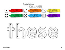 Free second grade worksheet, rainbow roll and write sight word tracing worksheet, beginner sight word for 2nd graders and high frequency word 'these', first 100 fry sight words, Dolch, PDF