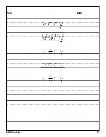 Free second grade sight word tracing worksheet, high frequency word 'very', second 100 fry sight words, Dolch, PDF