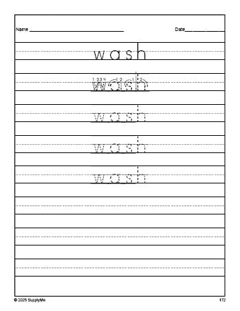 Free second grade sight word tracing worksheet, high frequency word 'wash', ninth 100 fry sight words, Dolch, PDF