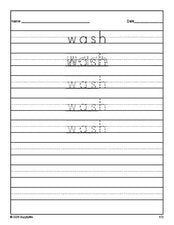 Free second grade sight word tracing worksheet, high frequency word 'wash', ninth 100 fry sight words, Dolch, PDF