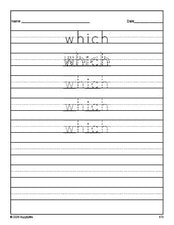 Free second grade sight word tracing worksheet, high frequency word 'which', first 100 fry sight words, Dolch, PDF