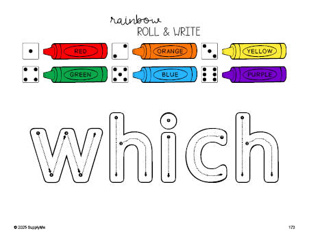 Free second grade worksheet, rainbow roll and write sight word tracing worksheet, beginner sight word for 2nd graders and high frequency word 'which', first 100 fry sight words, Dolch, PDF