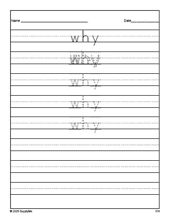 Free second grade sight word tracing worksheet, high frequency word 'why', second 100 fry sight words, Dolch, PDF