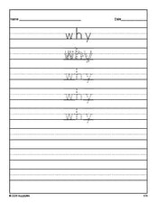 Free second grade sight word tracing worksheet, high frequency word 'why', second 100 fry sight words, Dolch, PDF