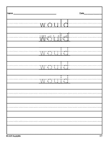 Free second grade sight word tracing worksheet, high frequency word 'would', first 100 fry sight words, Dolch, PDF