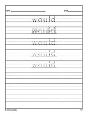 Free second grade sight word tracing worksheet, high frequency word 'would', first 100 fry sight words, Dolch, PDF