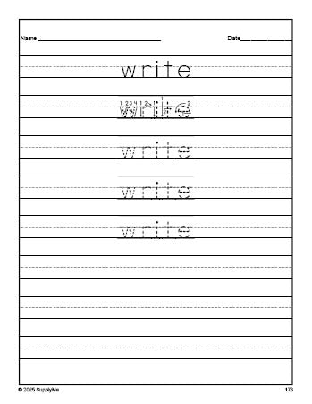 Free second grade sight word tracing worksheet, high frequency word 'write', first 100 fry sight words, Dolch, PDF