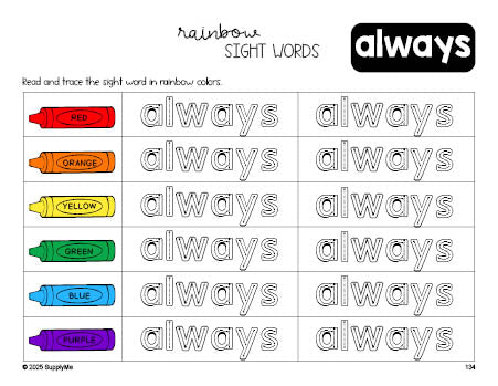 Free second grade worksheet, rainbow sight word tracing worksheet, beginner sight word for 2nd graders and high frequency word 'always', third 100 fry sight words, Dolch, PDF