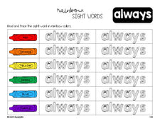 Free second grade worksheet, rainbow sight word tracing worksheet, beginner sight word for 2nd graders and high frequency word 'always', third 100 fry sight words, Dolch, PDF