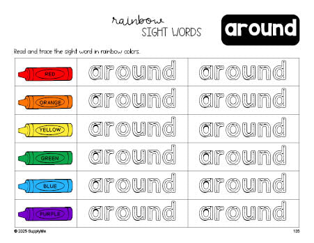 Free second grade worksheet, rainbow sight word tracing worksheet, beginner sight word for 2nd graders and high frequency word 'around', second 100 fry sight words, Dolch, PDF