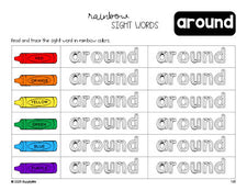 Free second grade worksheet, rainbow sight word tracing worksheet, beginner sight word for 2nd graders and high frequency word 'around', second 100 fry sight words, Dolch, PDF