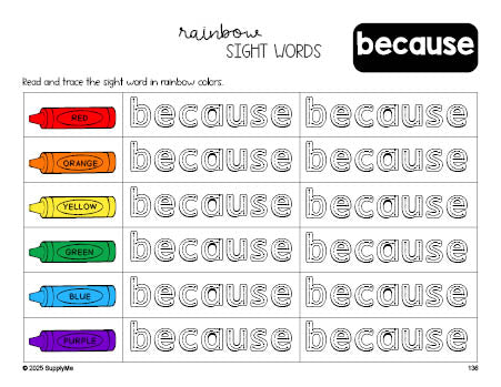 Free second grade worksheet, rainbow sight word tracing worksheet, beginner sight word for 2nd graders and high frequency word 'because', second 100 fry sight words, Dolch, PDF