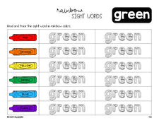 Free second grade worksheet, rainbow sight word tracing worksheet, beginner sight word for 2nd graders and high frequency word 'green', fifth 100 fry sight words, Dolch, PDF