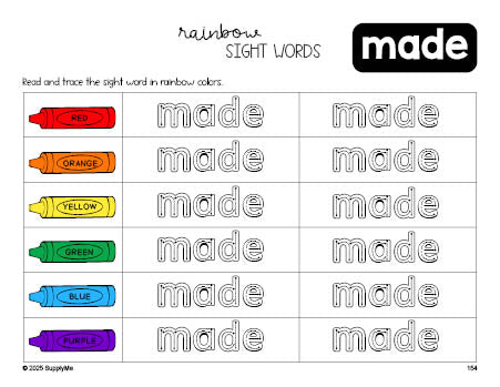 Free second grade worksheet, rainbow sight word tracing worksheet, beginner sight word for 2nd graders and high frequency word 'made', first 100 fry sight words, Dolch, PDF