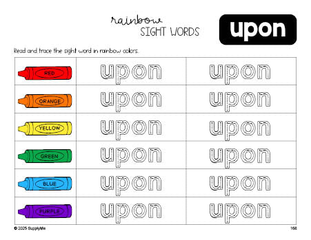 Free second grade worksheet, rainbow sight word tracing worksheet, beginner sight word for 2nd graders and high frequency word 'upon', fourth 100 fry sight words, Dolch, PDF