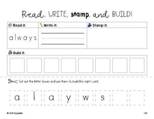 Free second grade worksheet, read, write, stamp, and build the beginner sight word for 2nd graders and high frequency word 'always', third 100 fry sight words, Dolch, PDF