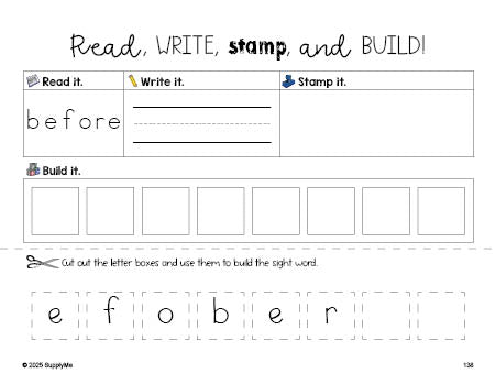 Free second grade worksheet, read, write, stamp, and build the beginner sight word for 2nd graders and high frequency word 'before', second 100 fry sight words, Dolch, PDF