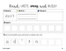 Free second grade worksheet, read, write, stamp, and build the beginner sight word for 2nd graders and high frequency word 'don’t', third 100 fry sight words, Dolch, PDF