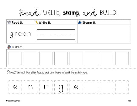 Free second grade worksheet, read, write, stamp, and build the beginner sight word for 2nd graders and high frequency word 'green', fifth 100 fry sight words, Dolch, PDF