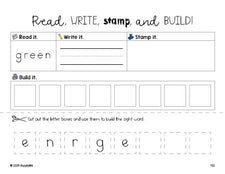 Free second grade worksheet, read, write, stamp, and build the beginner sight word for 2nd graders and high frequency word 'green', fifth 100 fry sight words, Dolch, PDF