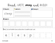 Free second grade worksheet, read, write, stamp, and build the beginner sight word for 2nd graders and high frequency word 'sleep', seventh 100 fry sight words, Dolch, PDF